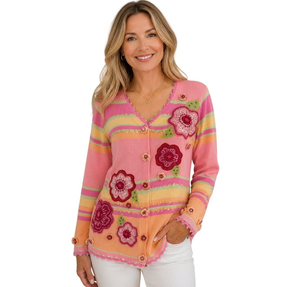Berek Cardigan Sweater Womens Small‎ Pink Striped Floral Embellished Sequin